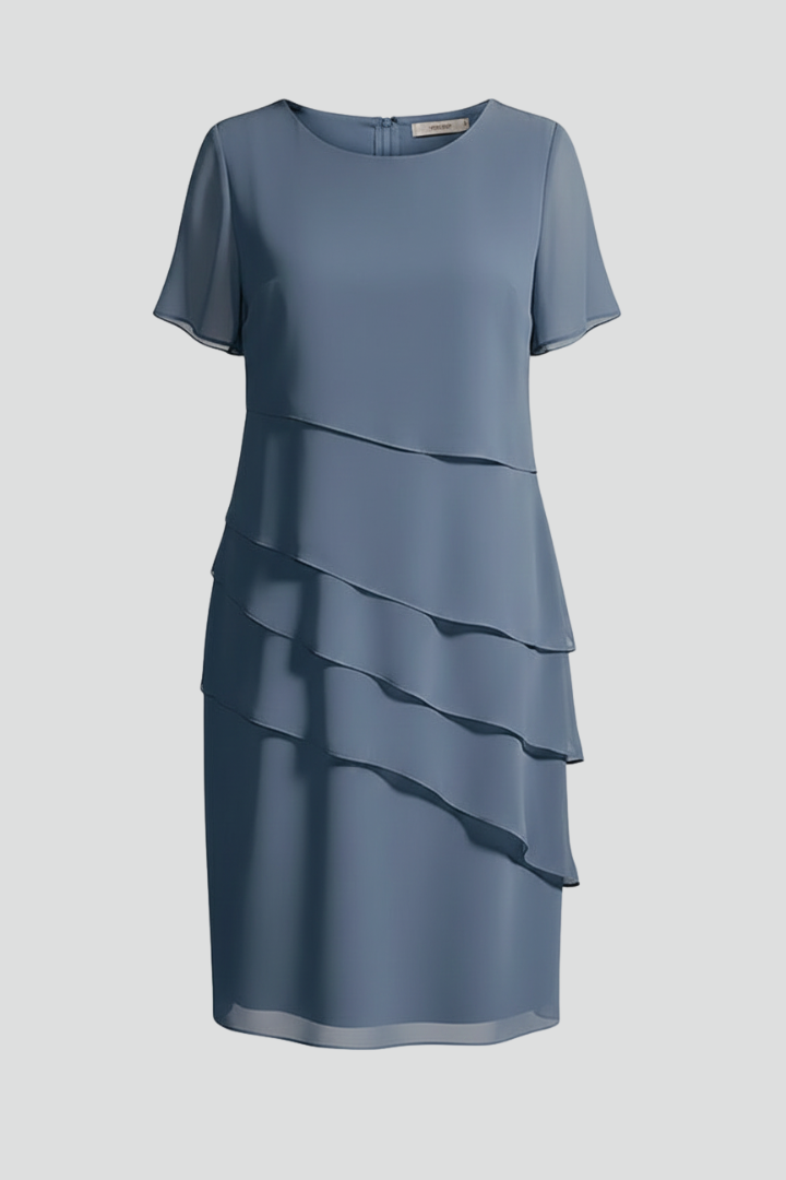 Women’s Short Sleeve Dress with Layered Front and Straight Hem