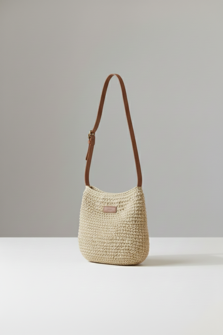 Women’s Shoulder Bag with Woven Surface and Long Strap