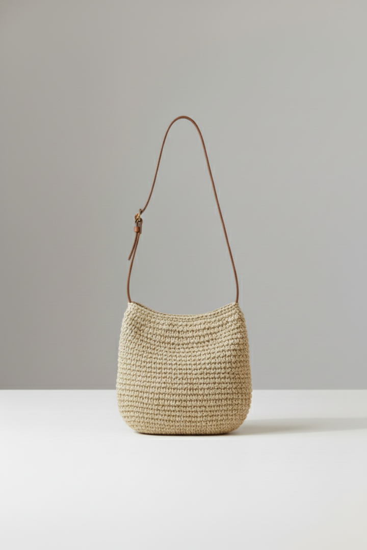 Women’s Shoulder Bag with Woven Surface and Long Strap