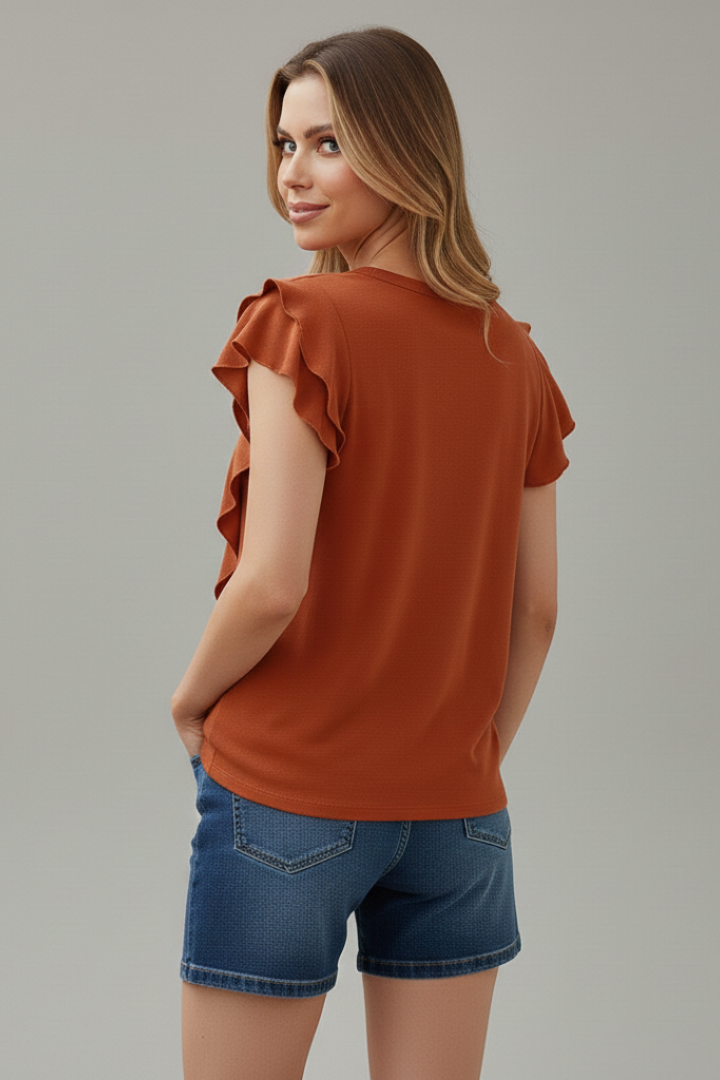 Women’s T-Shirt with Round Neckline and Ruffle Sleeves