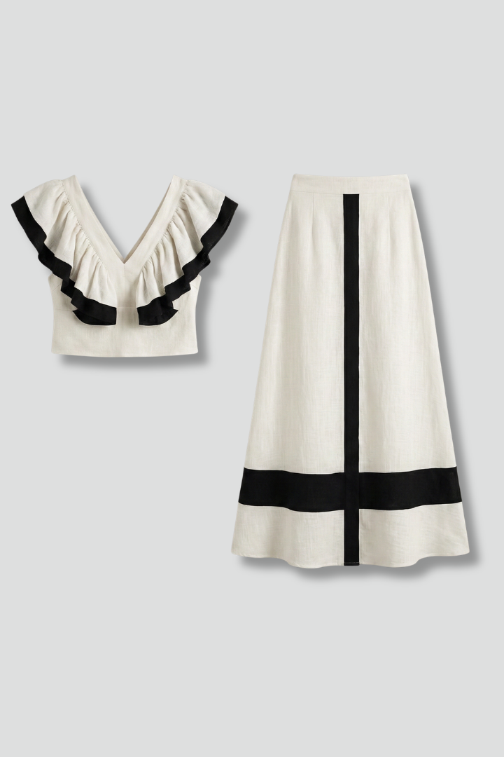Women’s Two Piece Set with V-Neck Top and Midi Skirt