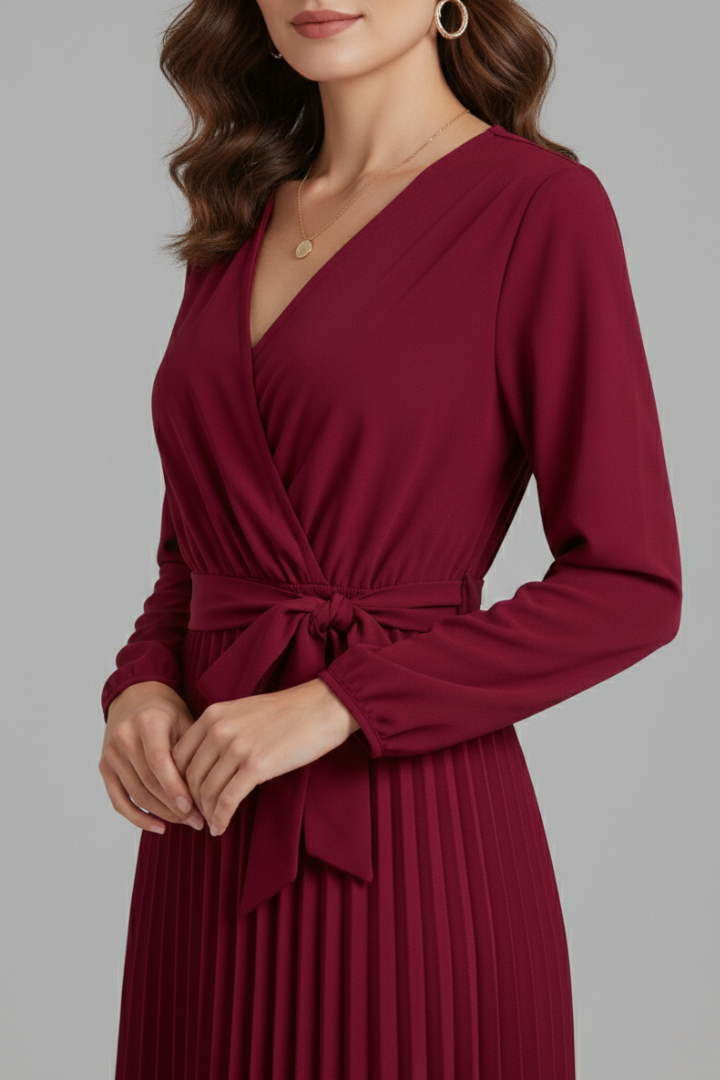 Women’s V-neck Maxi Dress with Pleated Skirt and Tie Waist