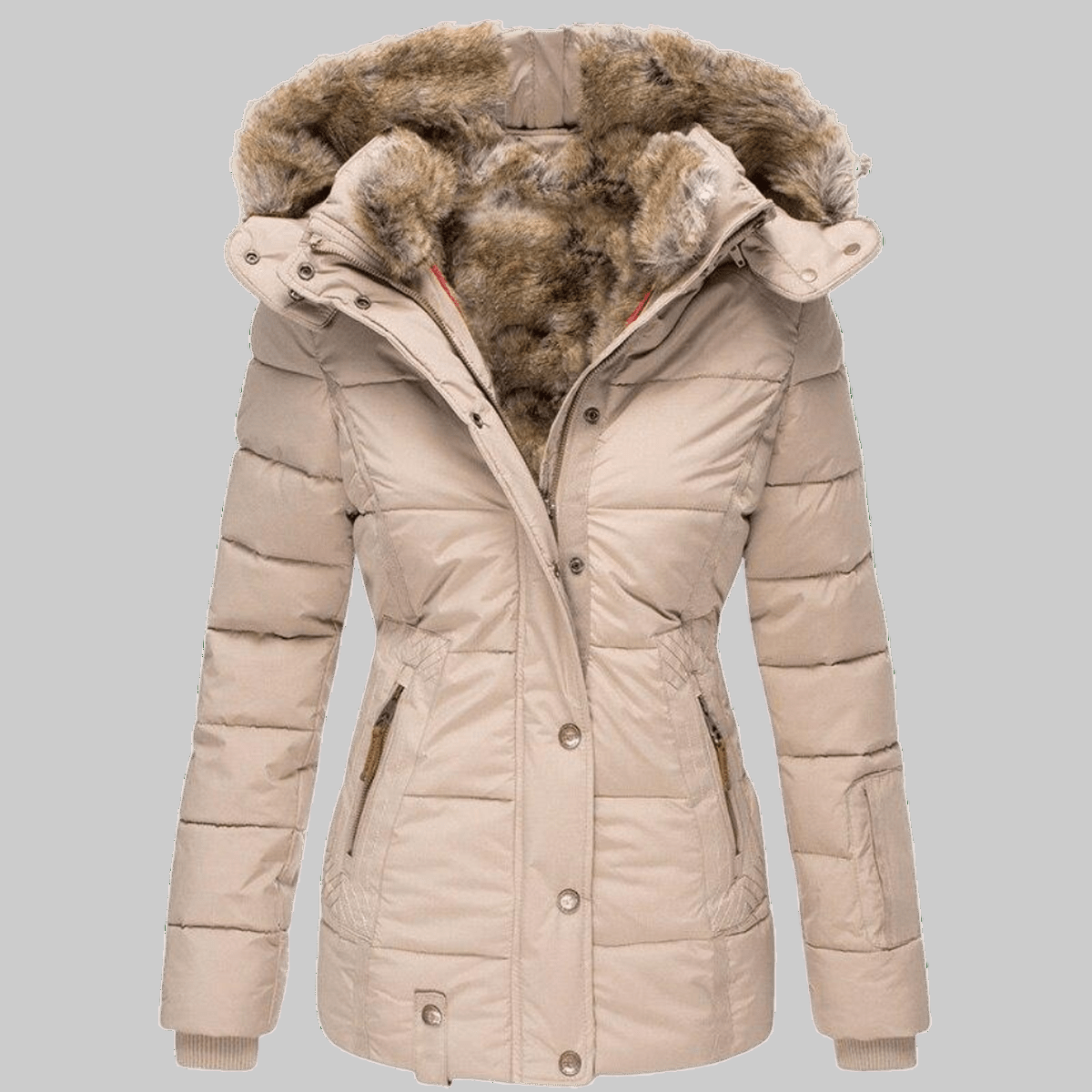 Women's Hooded Parka with Fur-Trim Hood and Slim Fit