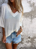 Women's Knit V-Neck Top with Open-Work Pattern