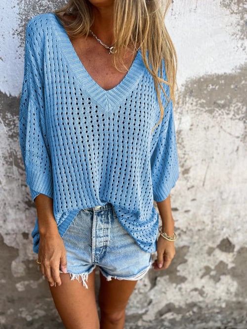 Women's Knit V-Neck Top with Open-Work Pattern