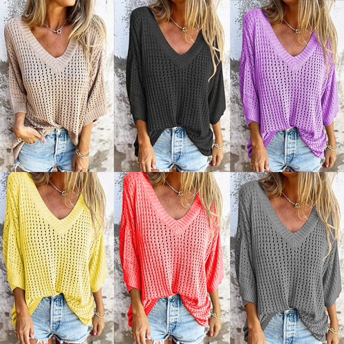 Women's Knit V-Neck Top with Open-Work Pattern