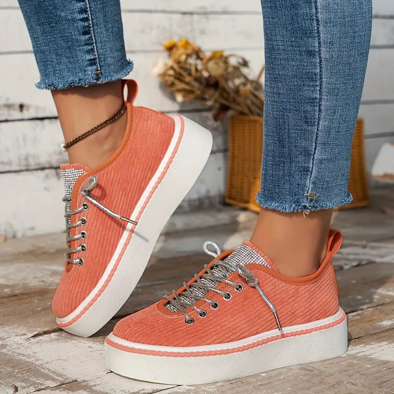 Women's Rhinestone Lace-Up Sneakers with Cushioned Sole