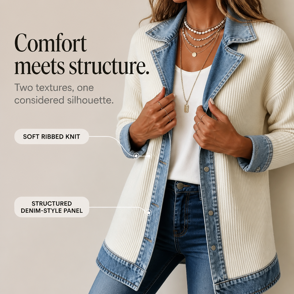 Women's Ribbed Knit Cardigan with Denim Panels