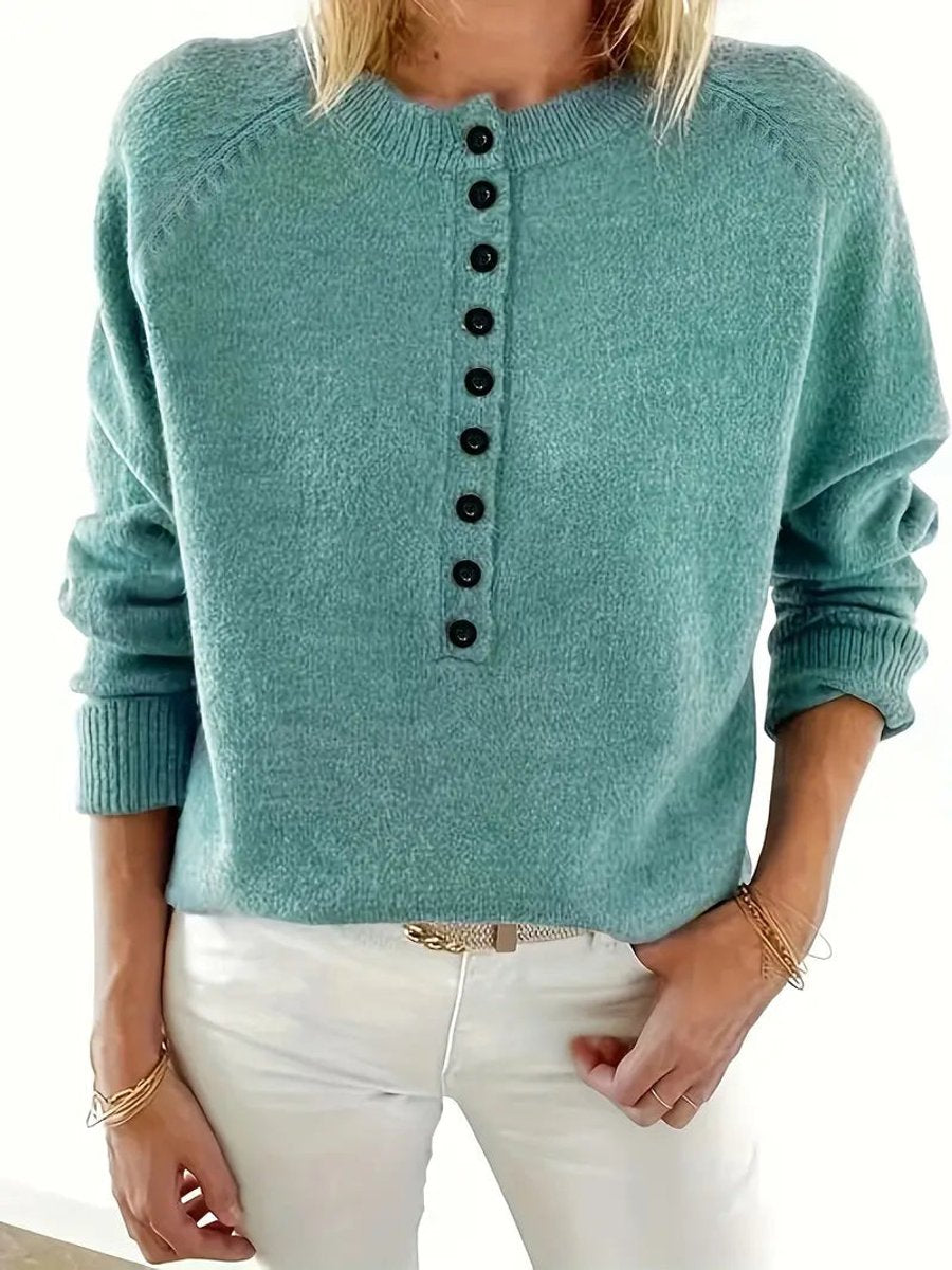 Women's Knit Jumper Half-Button V-Neck Collar Detail