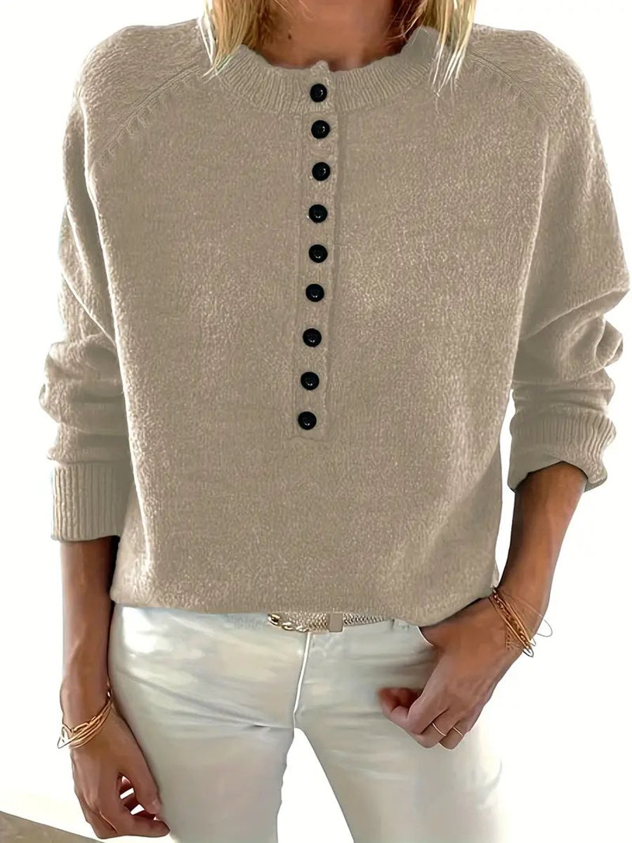 Women's Knit Jumper Half-Button V-Neck Collar Detail