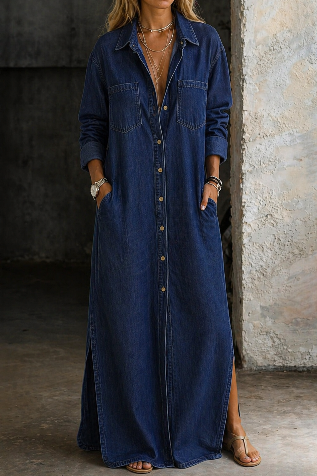 Delana | Collared Button-Down Side-Slit Maxi Dress for Women