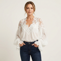 Jannet | Lace-Yoke V-Neck Balloon-Sleeve Chiffon Blouse With Ruffle Cuffs