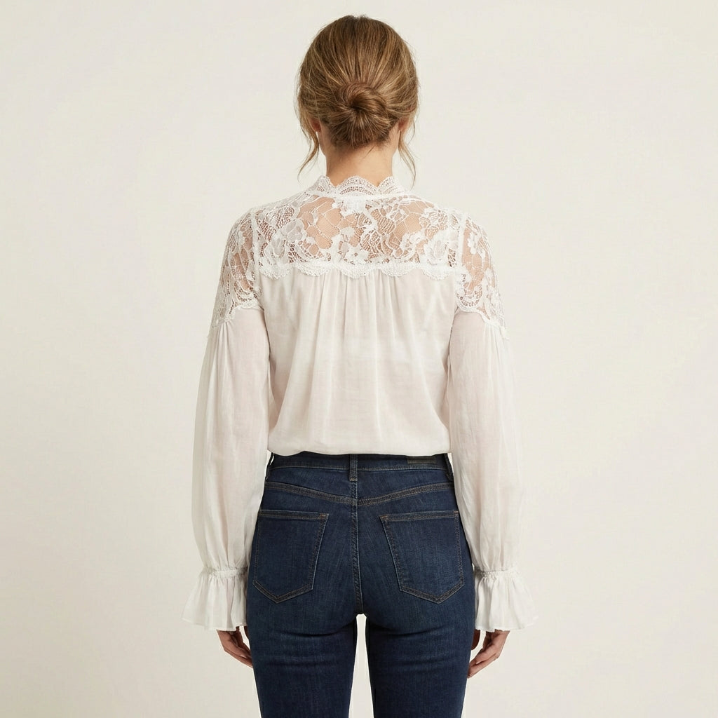 Jannet | Lace-Yoke V-Neck Balloon-Sleeve Chiffon Blouse With Ruffle Cuffs