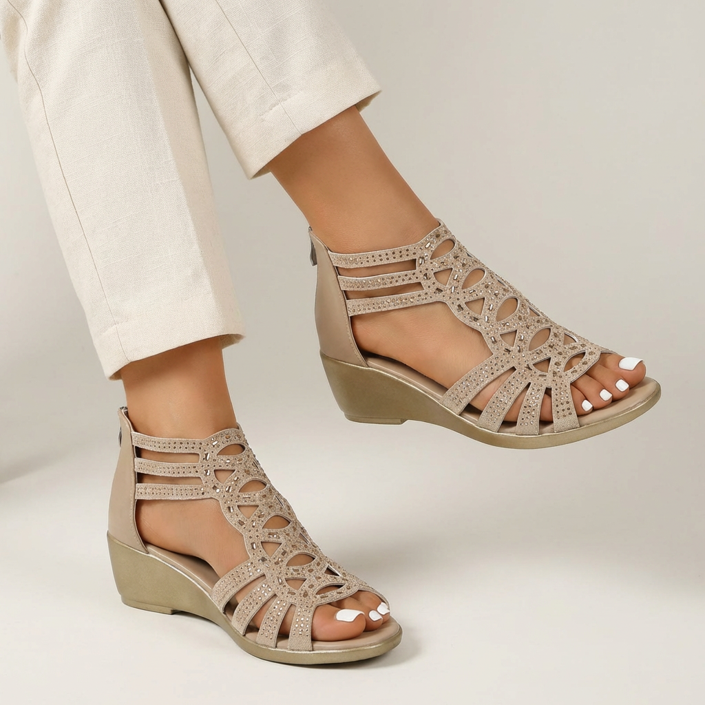 Cassy | Crystal Embellished Gladiator Wedge Sandal With Back Zip