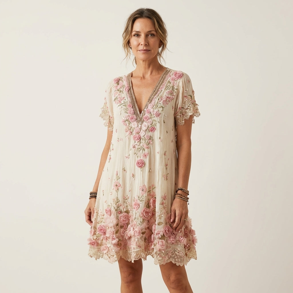 Melina | Rose Appliqué Mini Dress With Beaded V-Neck & Lace Ruffle Hem