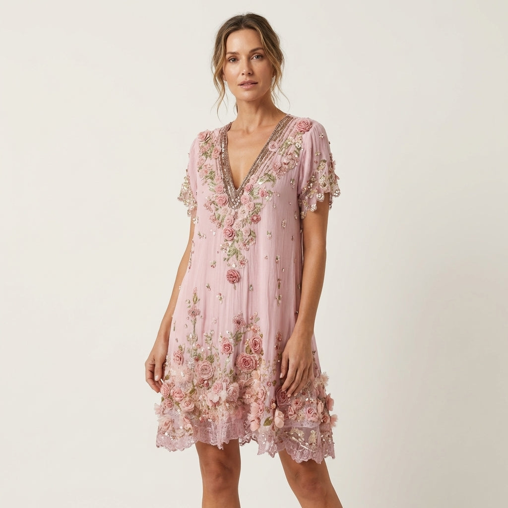 Melina | Rose Appliqué Mini Dress With Beaded V-Neck & Lace Ruffle Hem