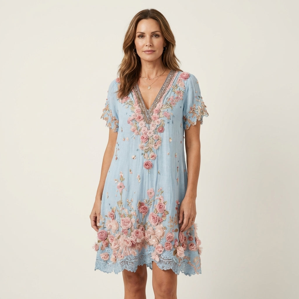 Melina | Rose Appliqué Mini Dress With Beaded V-Neck & Lace Ruffle Hem