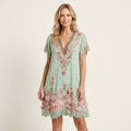 Melina | Rose Appliqué Mini Dress With Beaded V-Neck & Lace Ruffle Hem