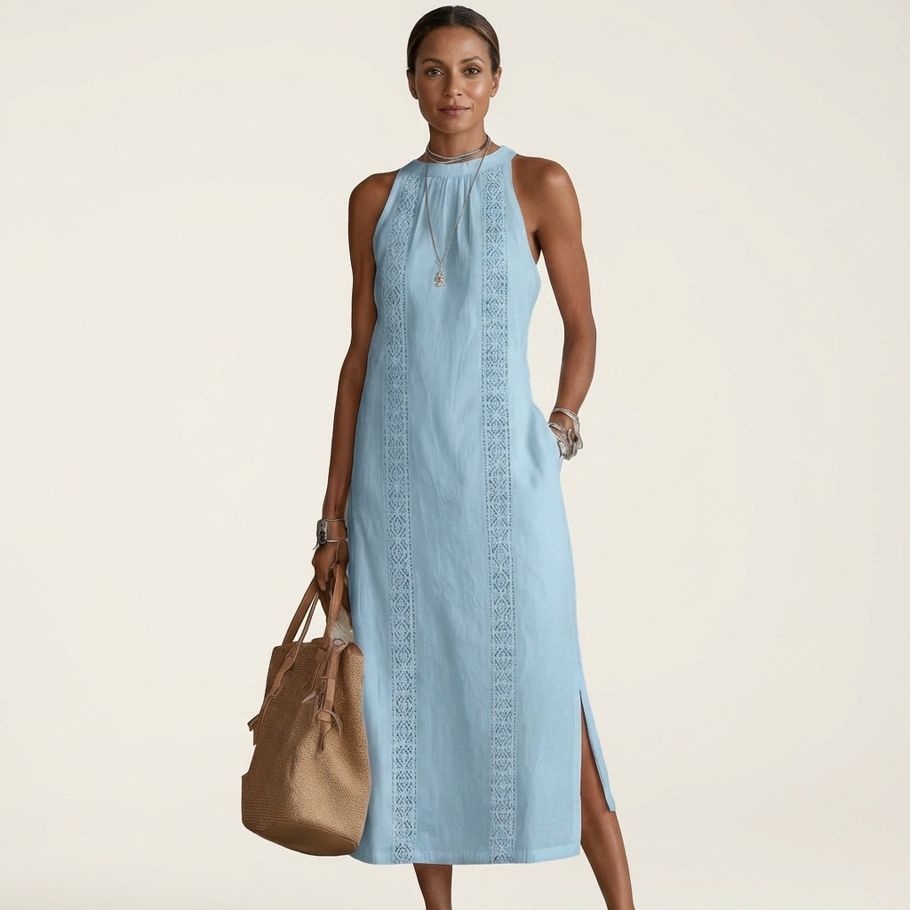 Mina | Halter-Neck Lace-Trim Linen Maxi Dress With Side Slit