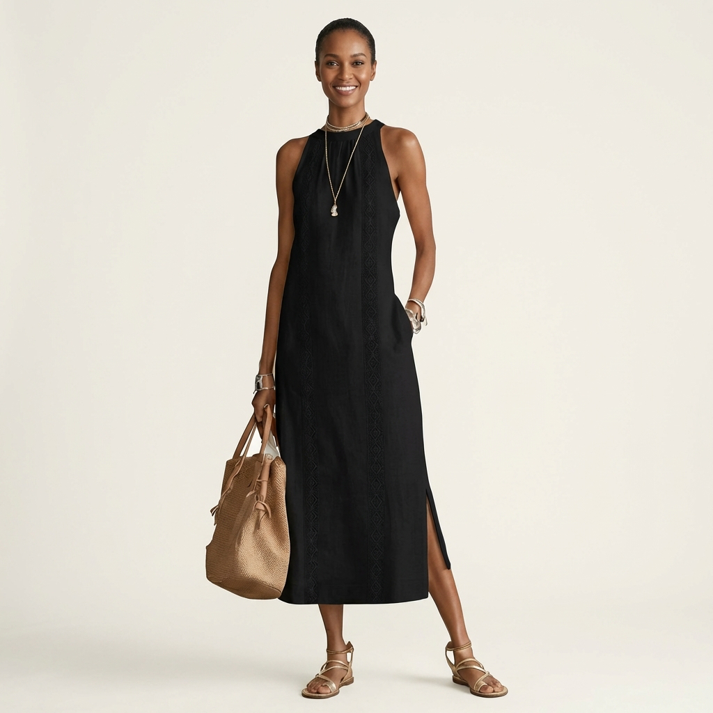 Mina | Halter-Neck Lace-Trim Linen Maxi Dress With Side Slit