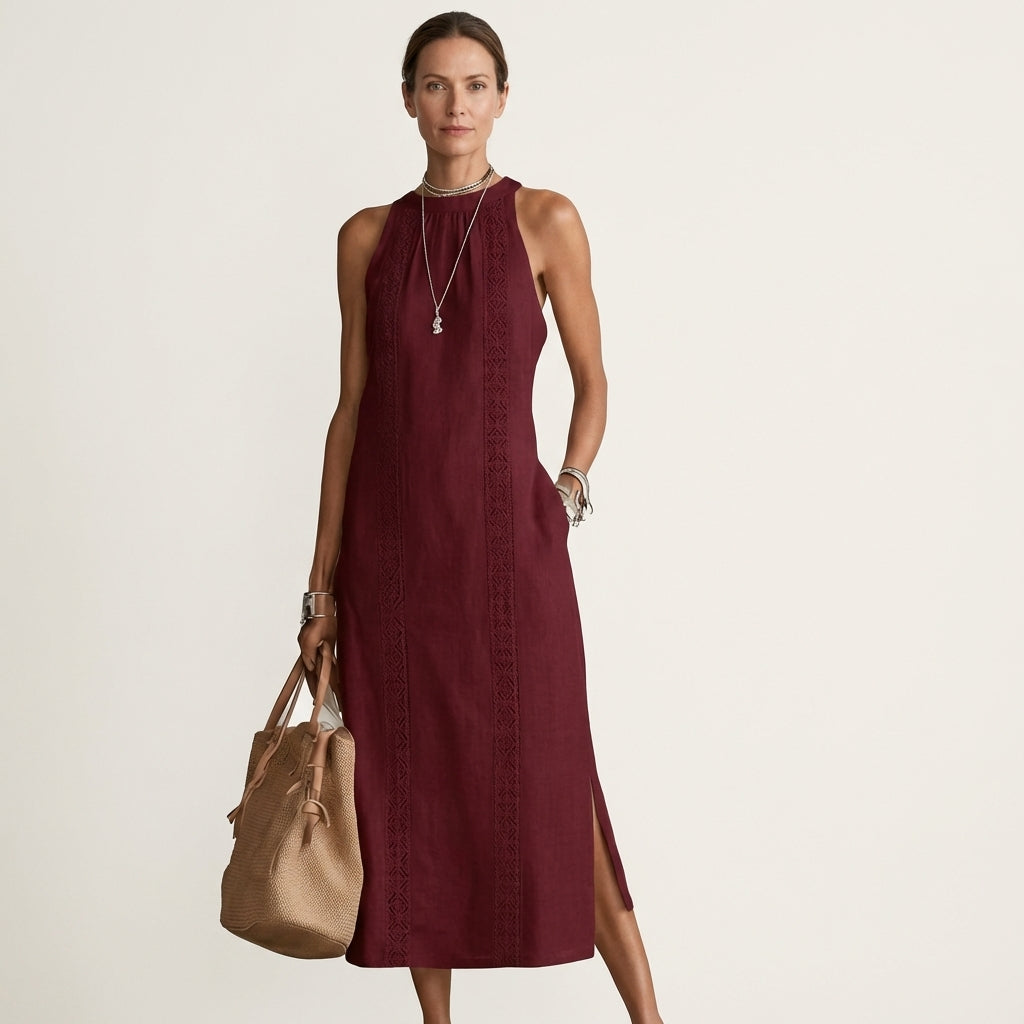 Mina | Halter-Neck Lace-Trim Linen Maxi Dress With Side Slit