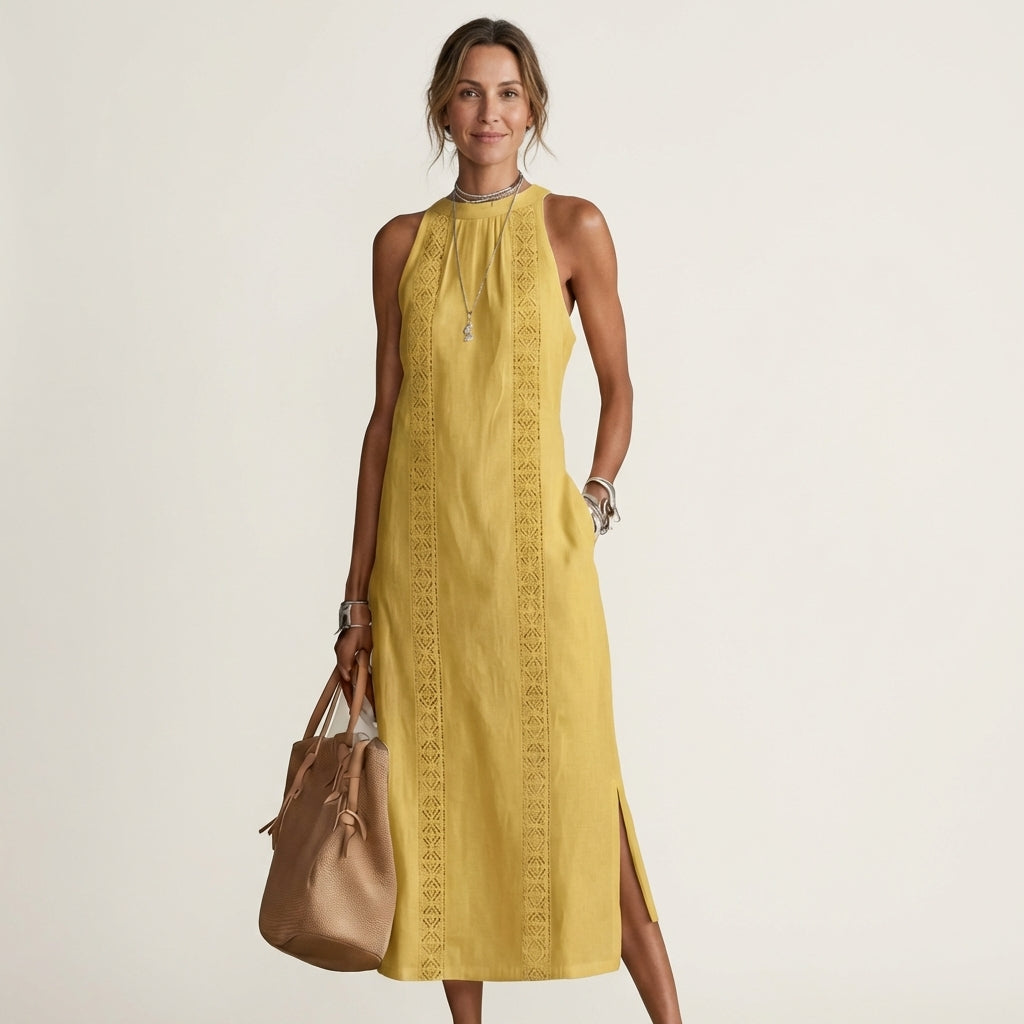 Mina | Halter-Neck Lace-Trim Linen Maxi Dress With Side Slit