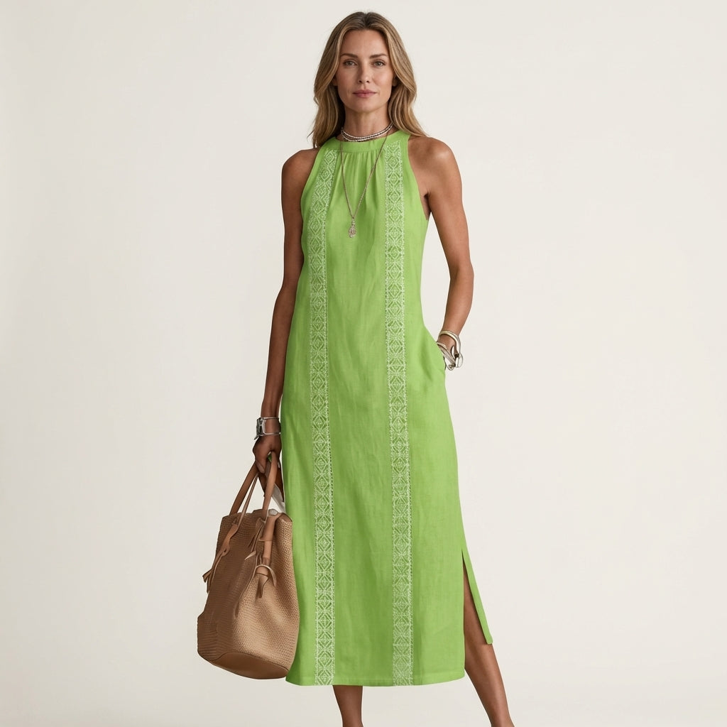 Mina | Halter-Neck Lace-Trim Linen Maxi Dress With Side Slit