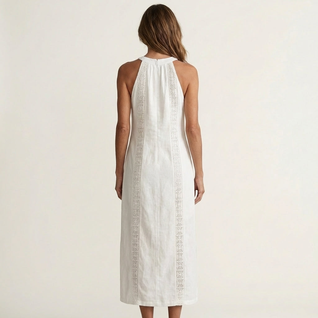 Mina | Halter-Neck Lace-Trim Linen Maxi Dress With Side Slit