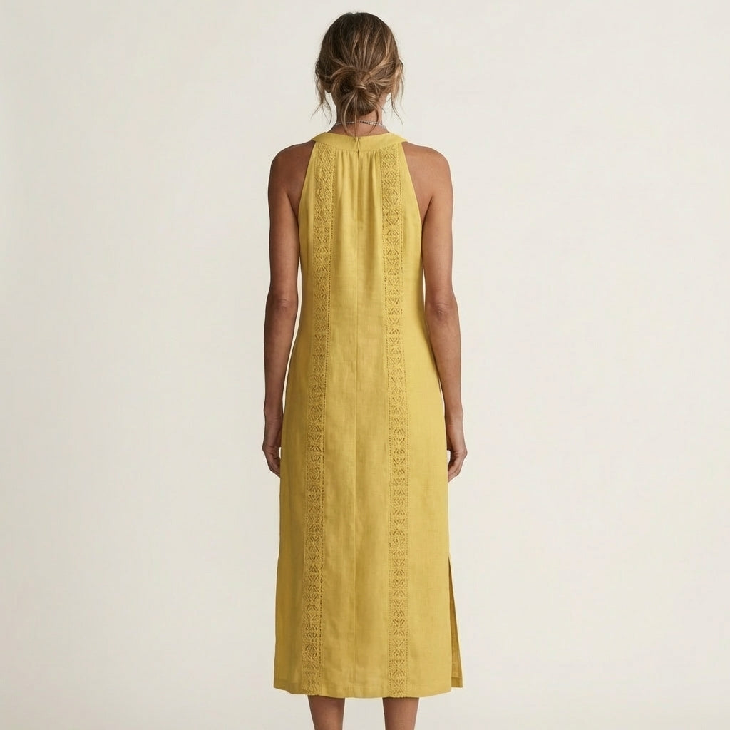 Mina | Halter-Neck Lace-Trim Linen Maxi Dress With Side Slit