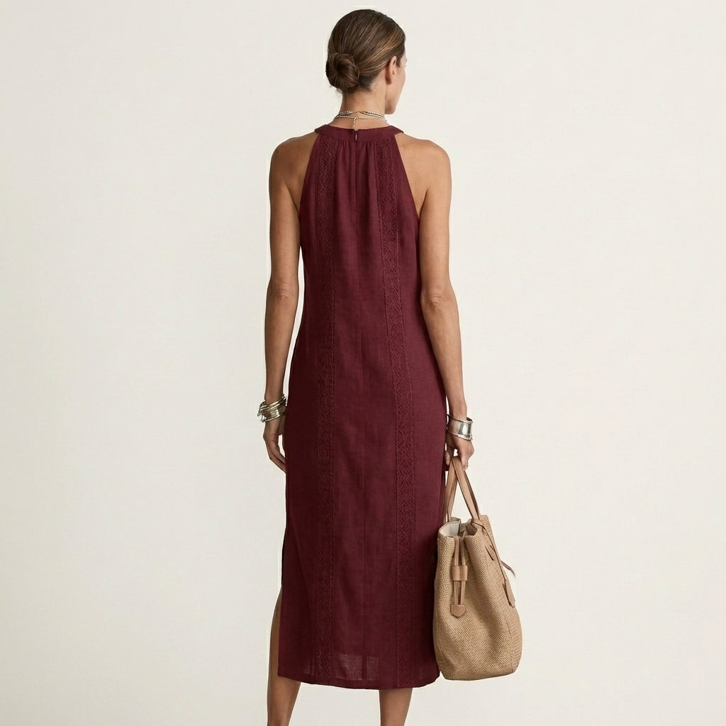 Mina | Halter-Neck Lace-Trim Linen Maxi Dress With Side Slit