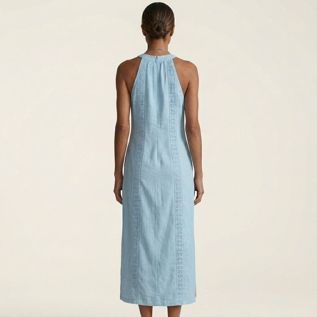 Mina | Halter-Neck Lace-Trim Linen Maxi Dress With Side Slit