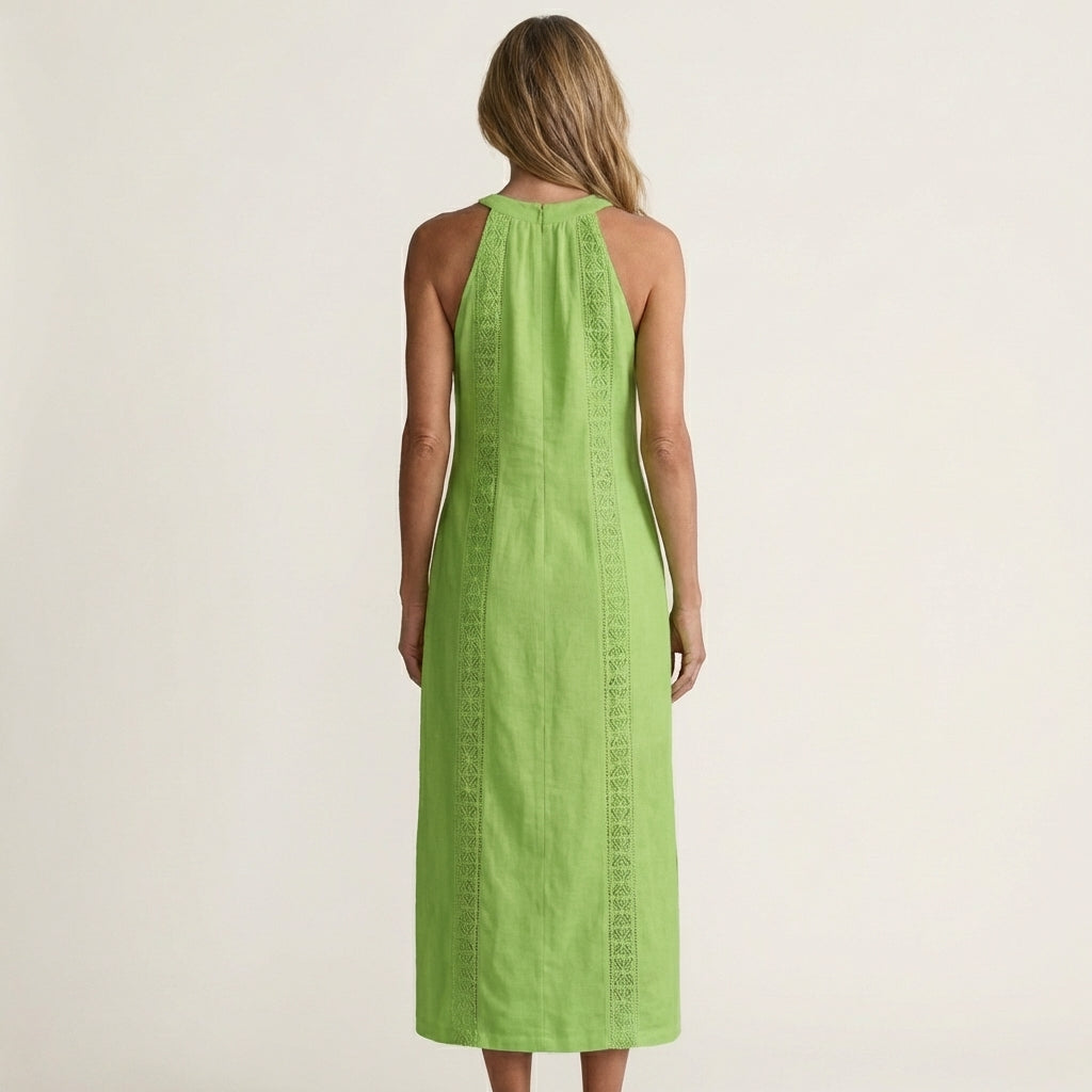 Mina | Halter-Neck Lace-Trim Linen Maxi Dress With Side Slit
