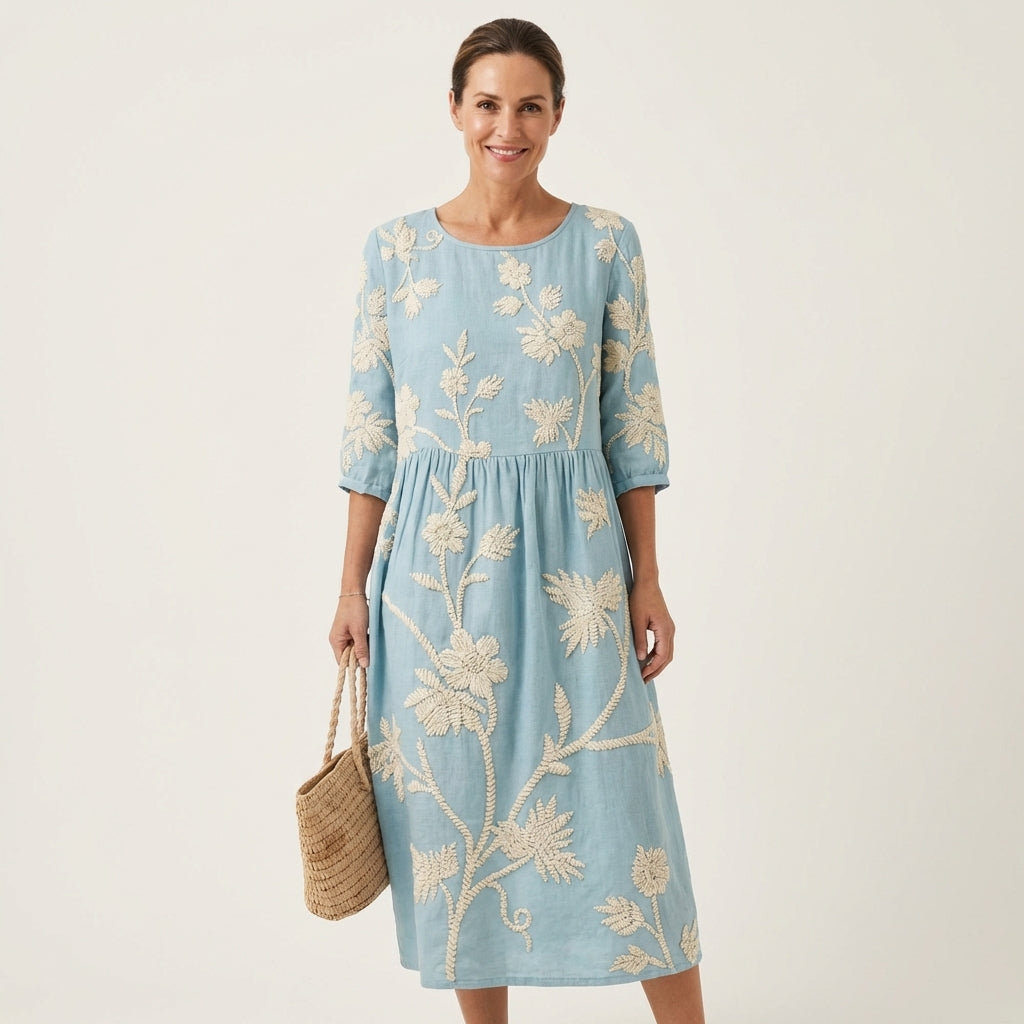 Sadie | Raised Floral Embroidery Cotton Midi Dress
