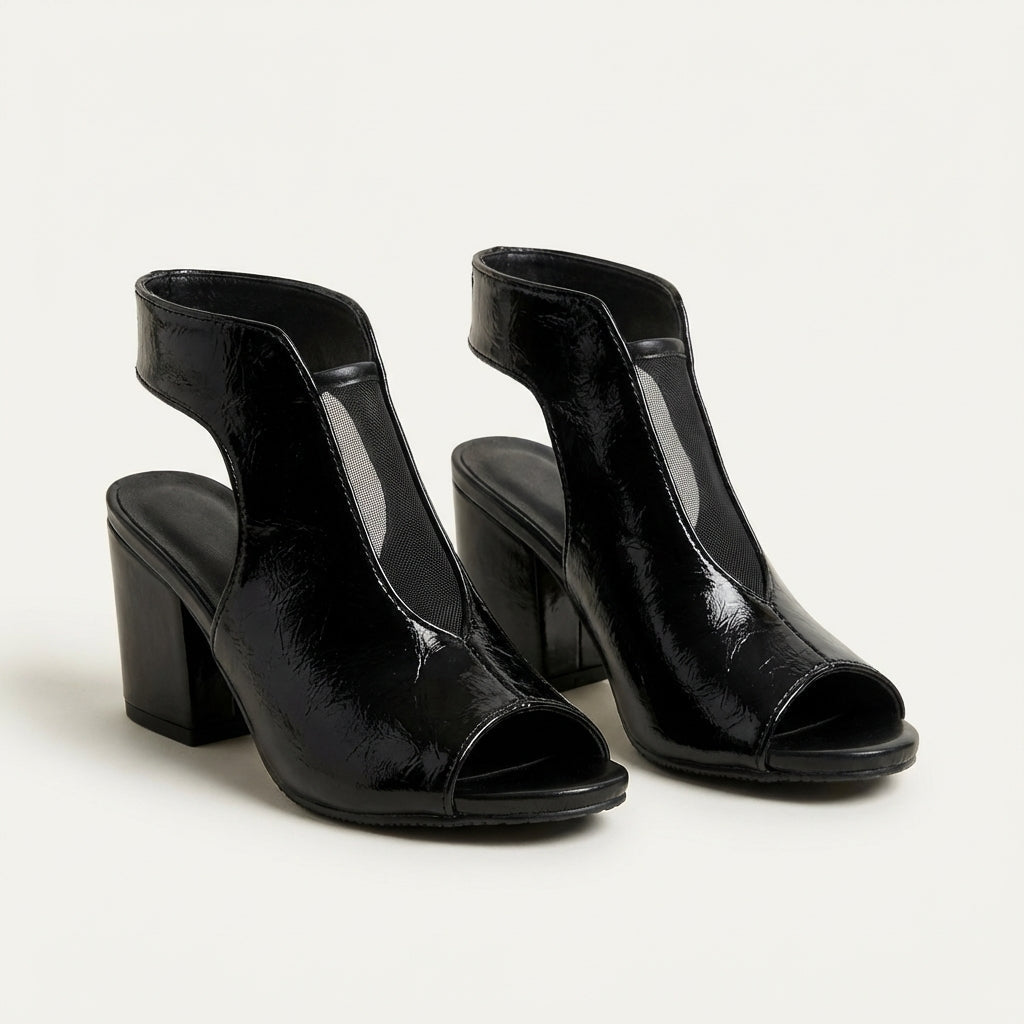 Alina | Patent Leather Block Heel Mule With Mesh Cutout Panel