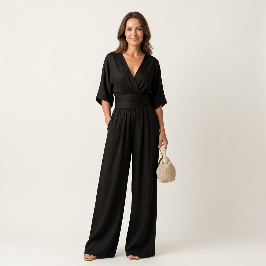 Moriah | Wrap V-Neck Jumpsuit With Obi Waistband & Wide-Leg Pants