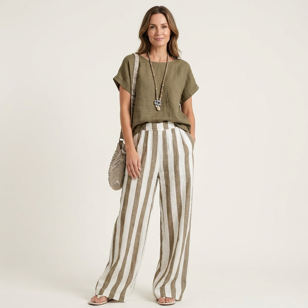 Heather | Solid Linen Top & Bold Stripe Wide-Leg Set