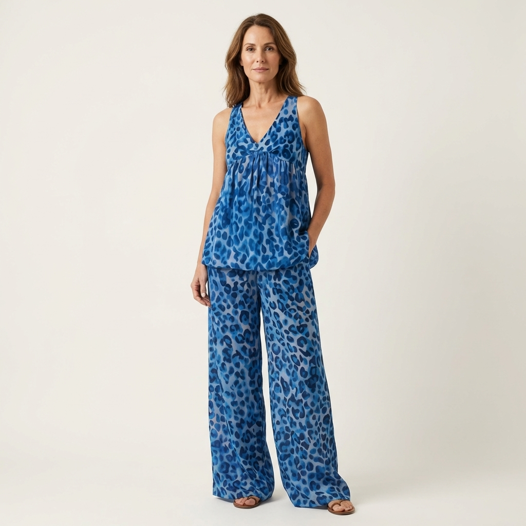 Aniya | Flowy Leopard Print Halter Top & Wide-Leg Trouser Set