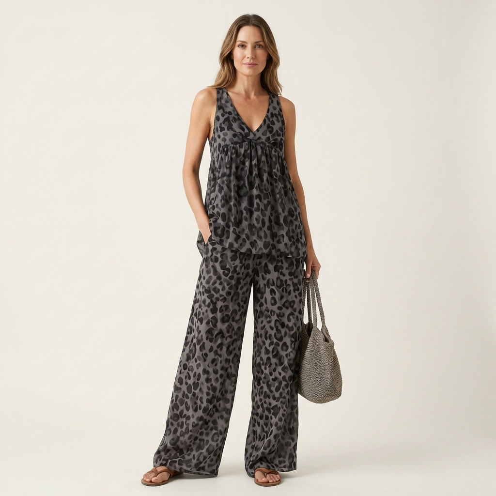 Aniya | Flowy Leopard Print Halter Top & Wide-Leg Trouser Set