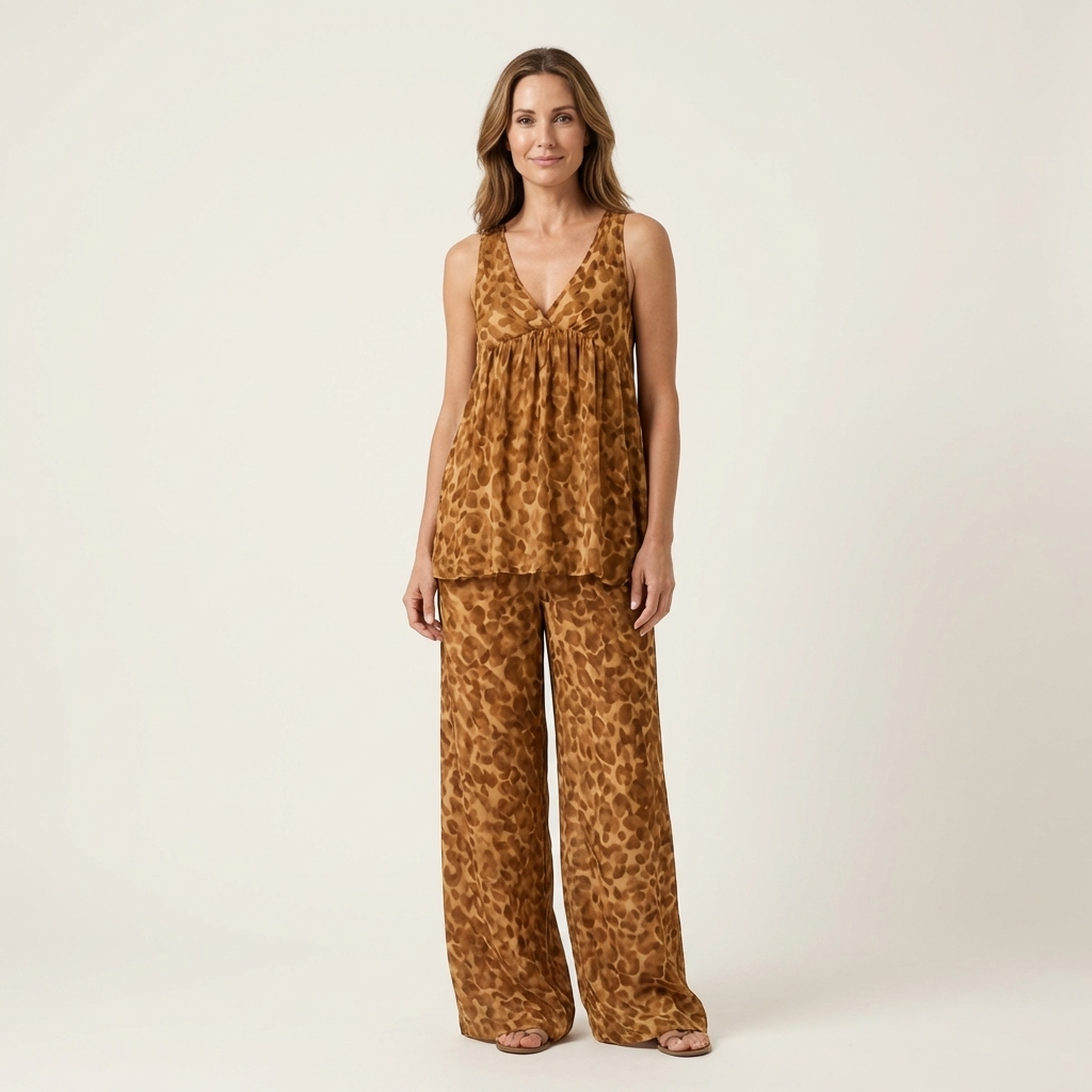 Aniya | Flowy Leopard Print Halter Top & Wide-Leg Trouser Set
