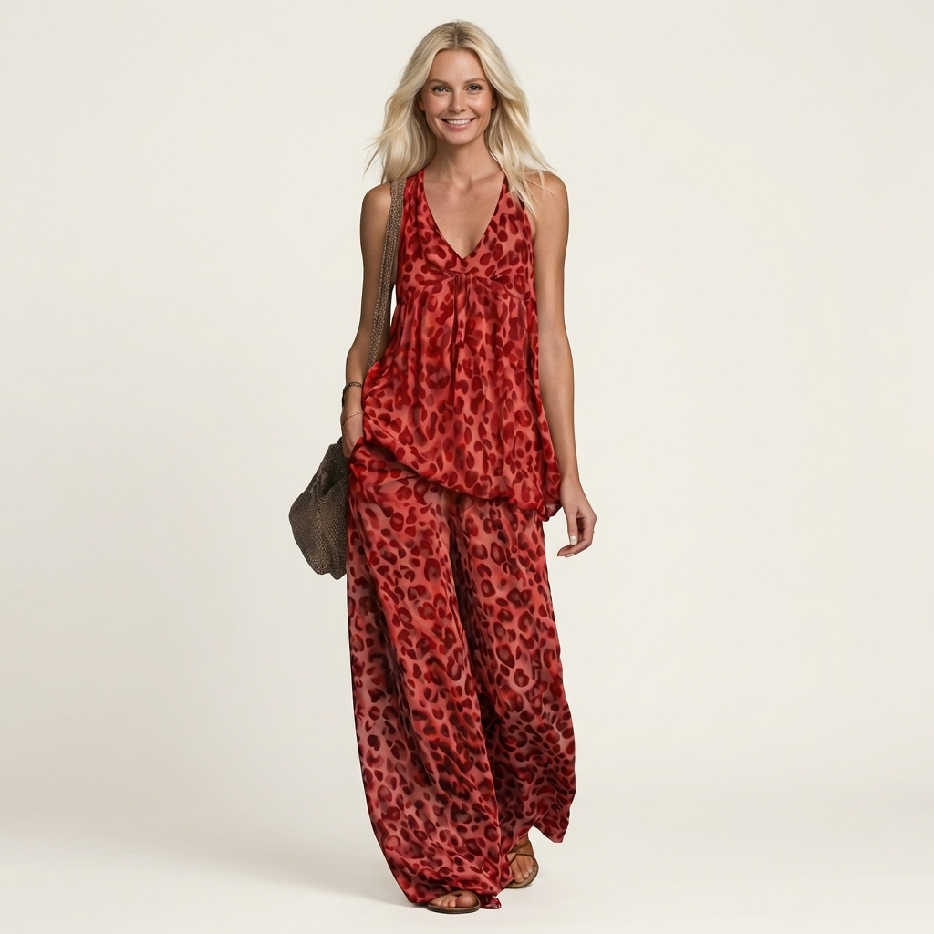 Aniya | Flowy Leopard Print Halter Top & Wide-Leg Trouser Set