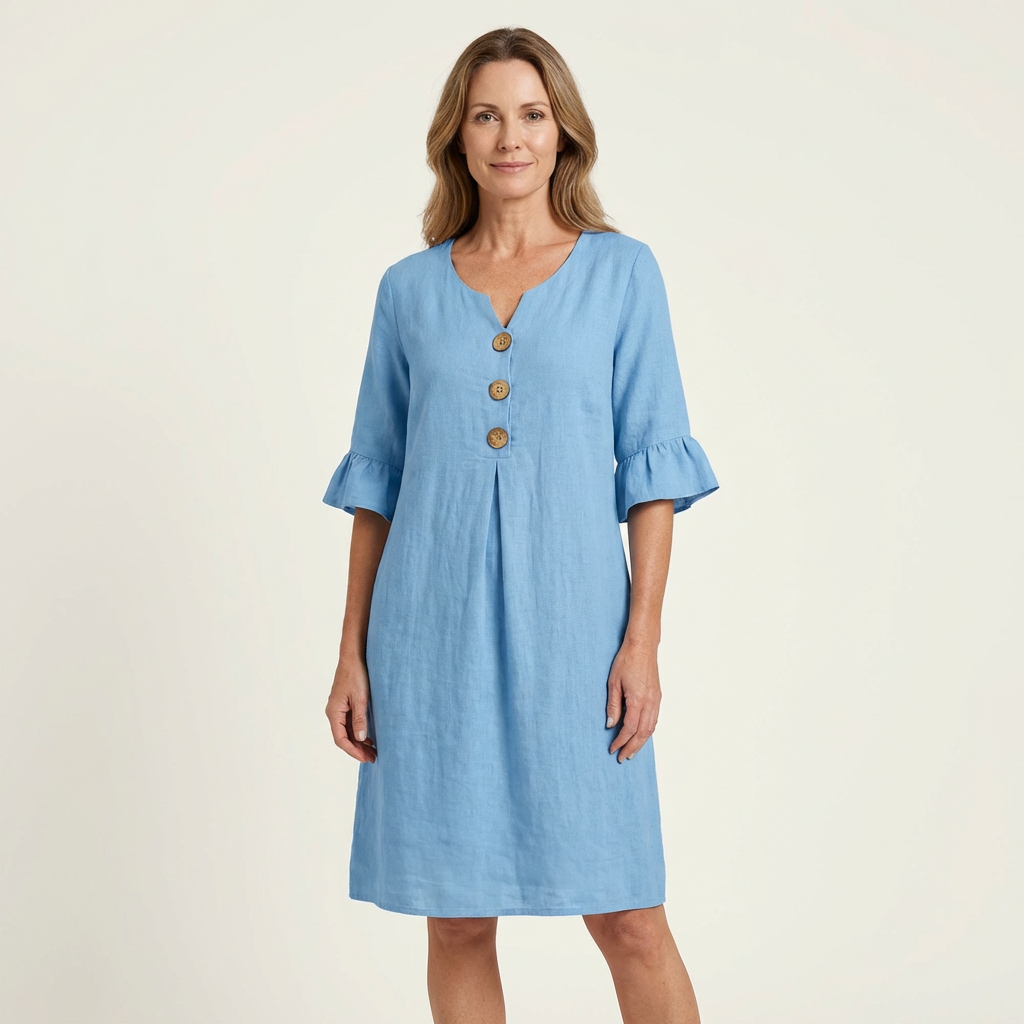 Rileya | Cotton-Linen Shift Dress with Button Front & Ruffle Sleeves