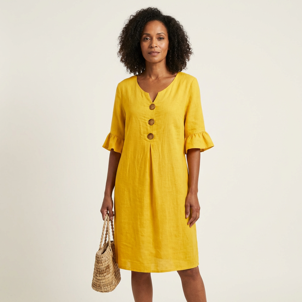 Rileya | Cotton-Linen Shift Dress with Button Front & Ruffle Sleeves