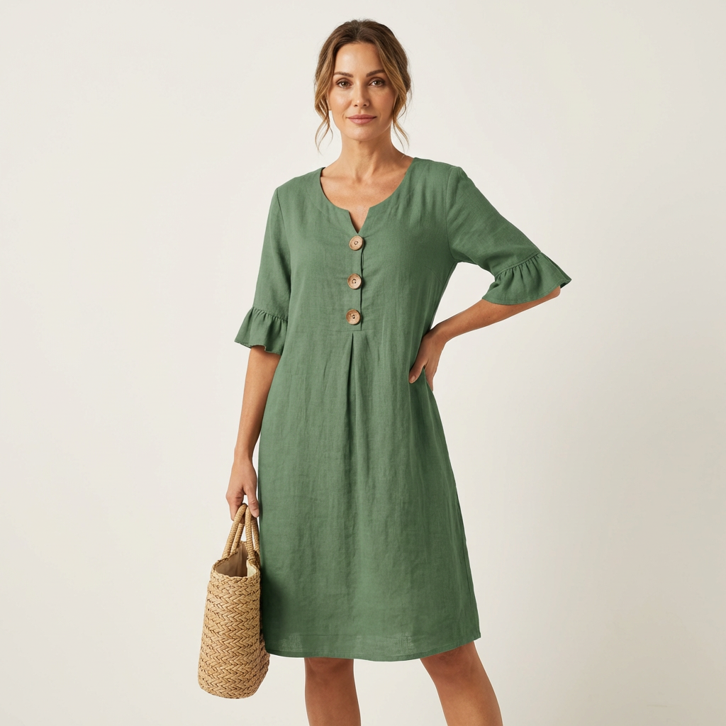 Rileya | Cotton-Linen Shift Dress with Button Front & Ruffle Sleeves