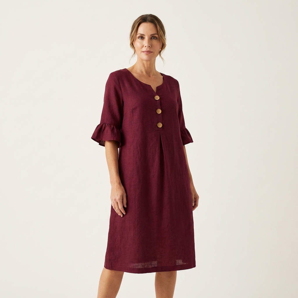 Rileya | Cotton-Linen Shift Dress with Button Front & Ruffle Sleeves