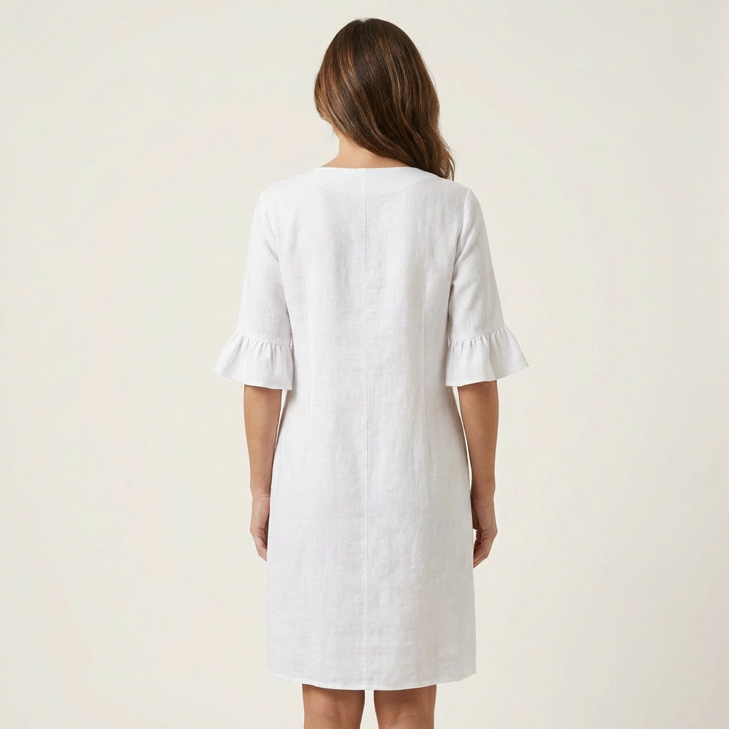 Rileya | Cotton-Linen Shift Dress with Button Front & Ruffle Sleeves