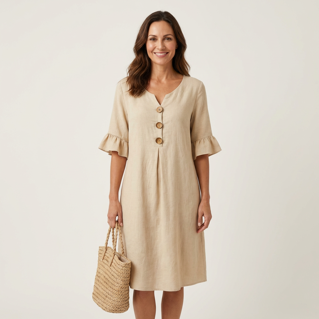 Rileya | Cotton-Linen Shift Dress with Button Front & Ruffle Sleeves