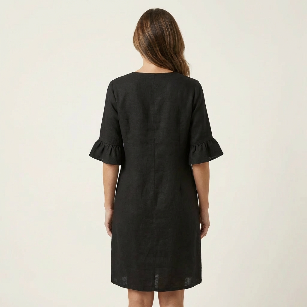 Rileya | Cotton-Linen Shift Dress with Button Front & Ruffle Sleeves
