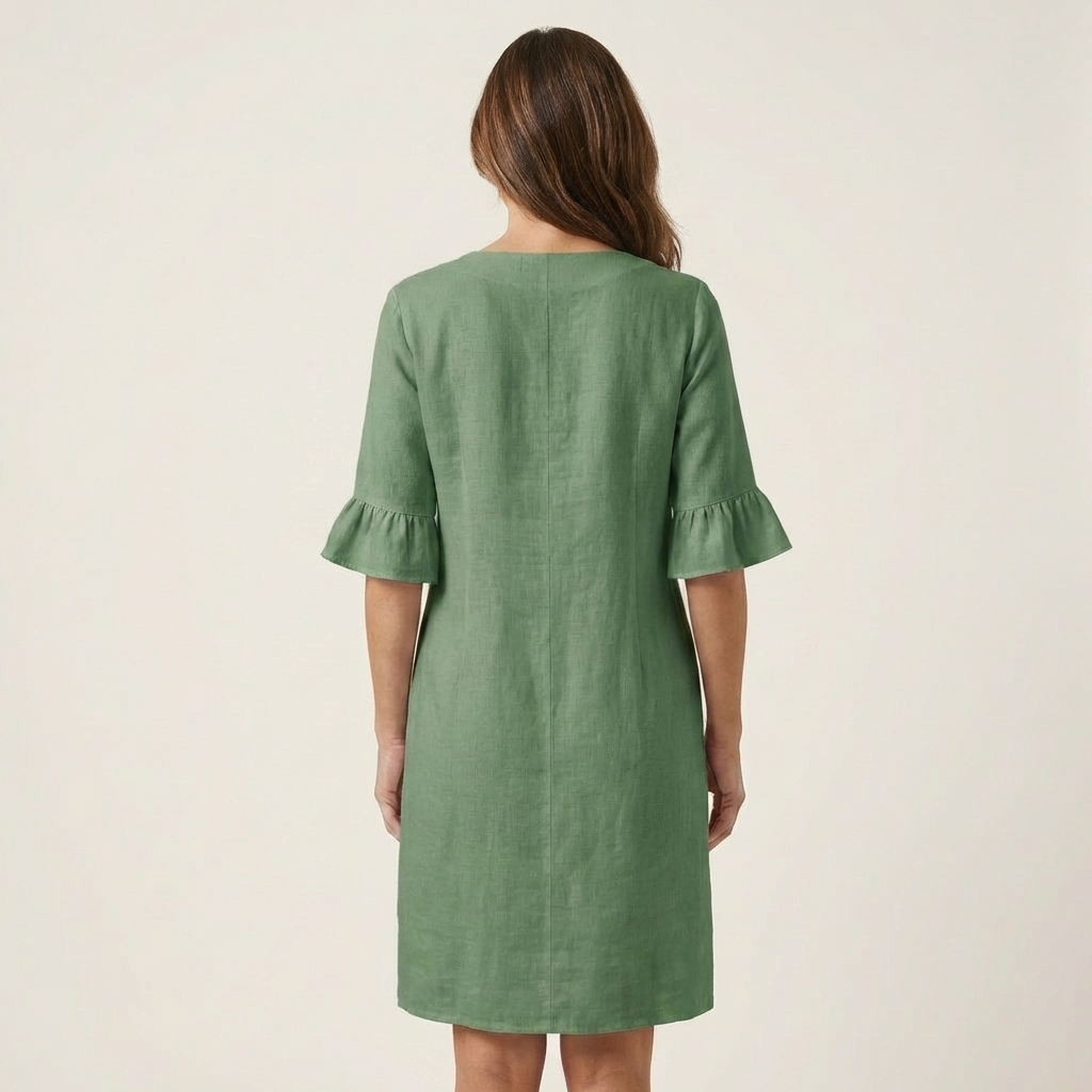 Rileya | Cotton-Linen Shift Dress with Button Front & Ruffle Sleeves