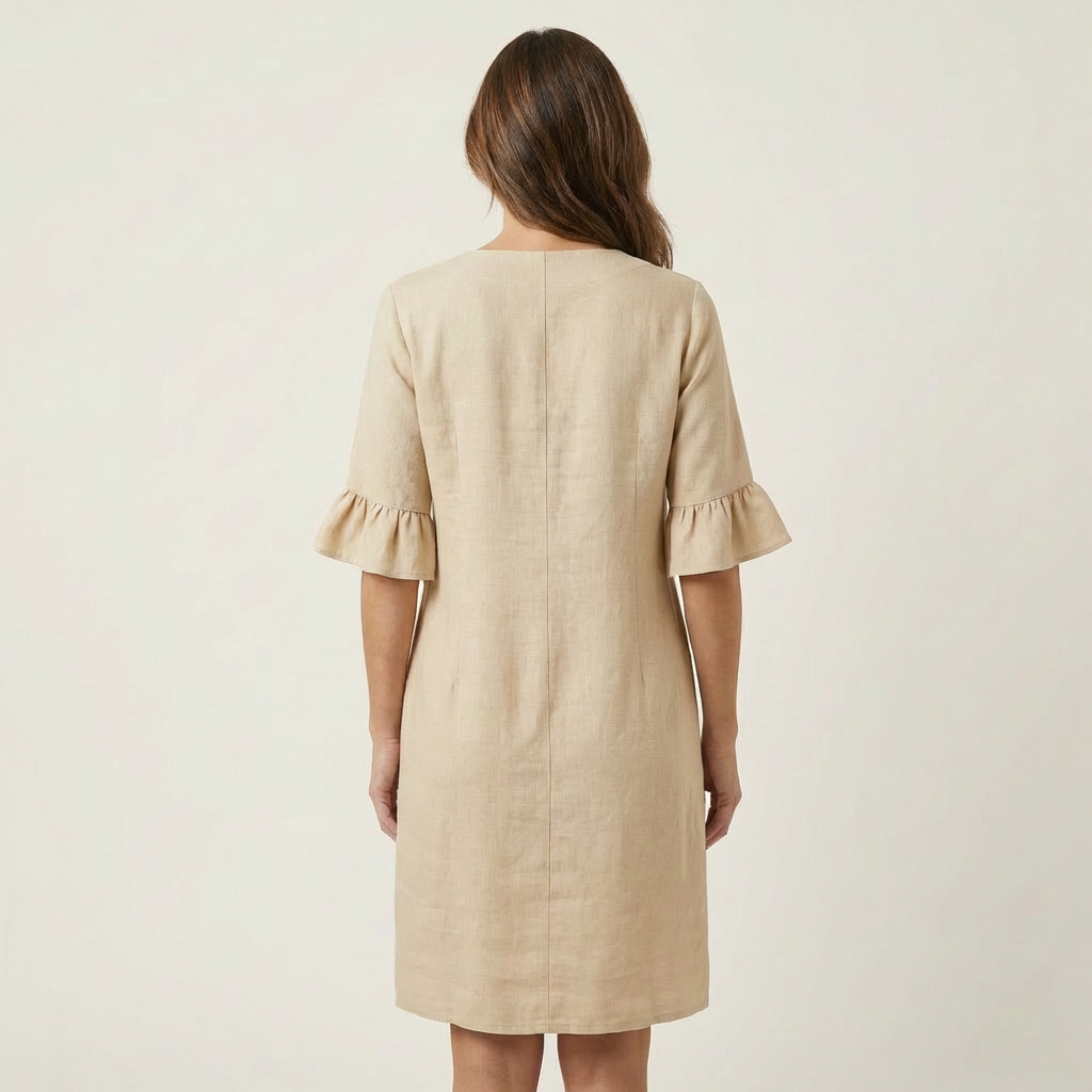 Rileya | Cotton-Linen Shift Dress with Button Front & Ruffle Sleeves