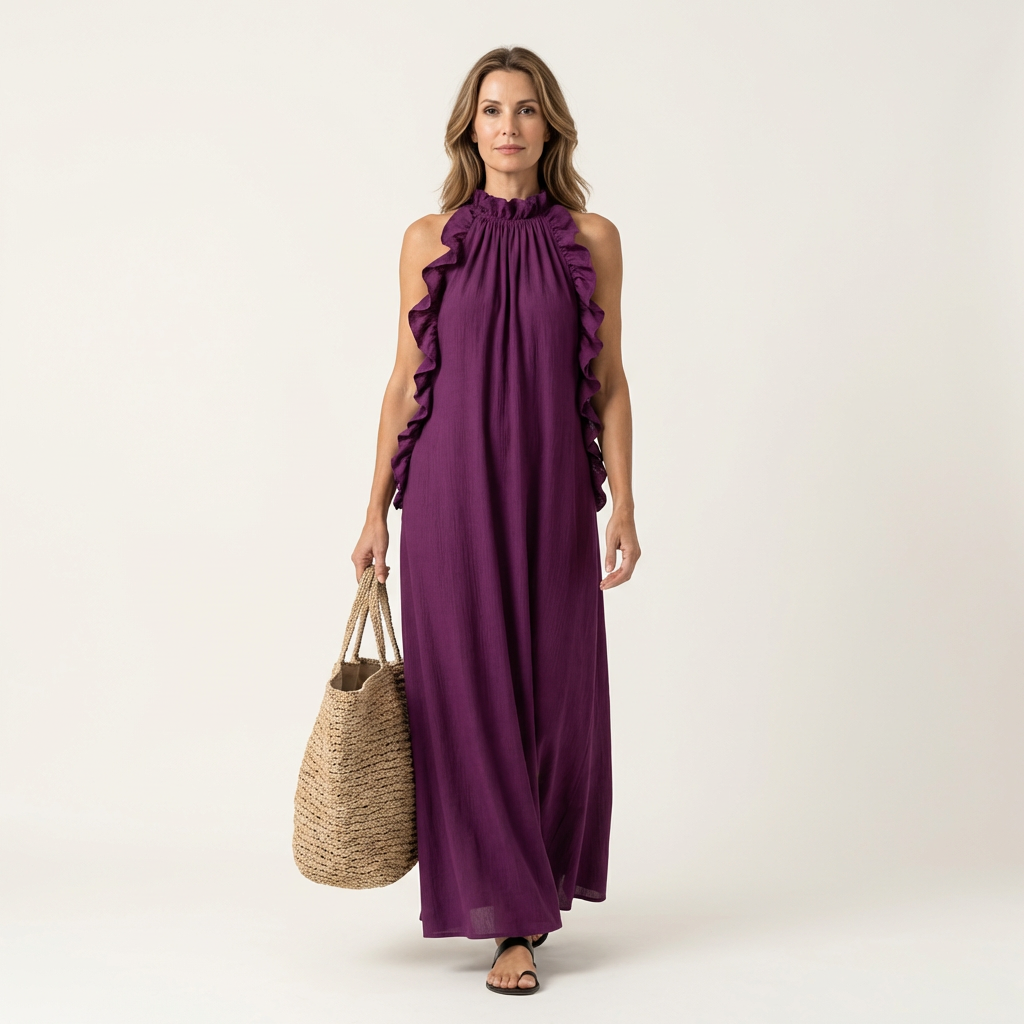 Lyara | Vertical Ruffle Halter Neck Maxi Dress
